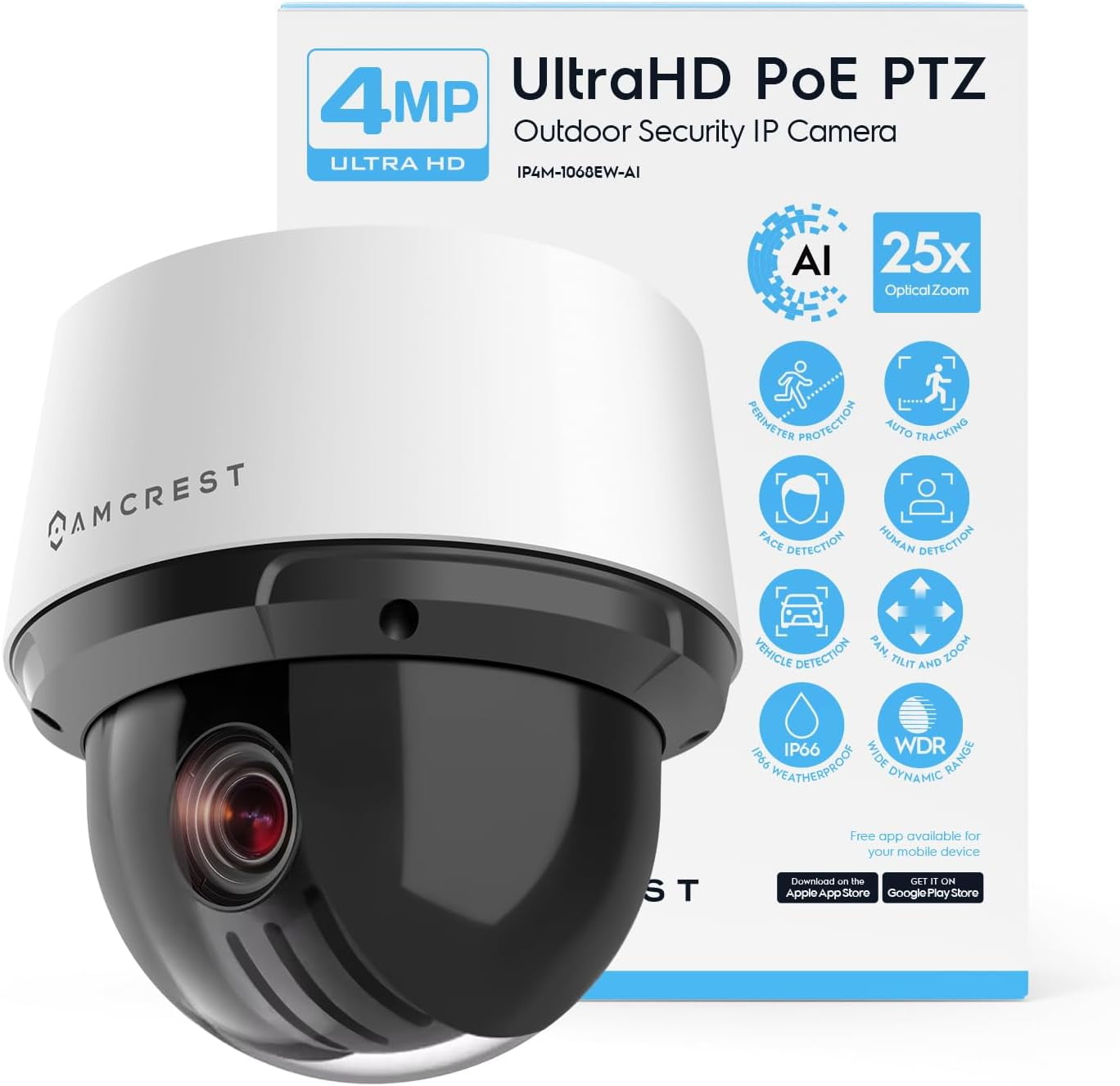 Amcrest Telecamera IP PTZ 4MP Esterna Con AI – Zoom Ottico 5x, Rilevamento Umani/Veicoli, POE+
