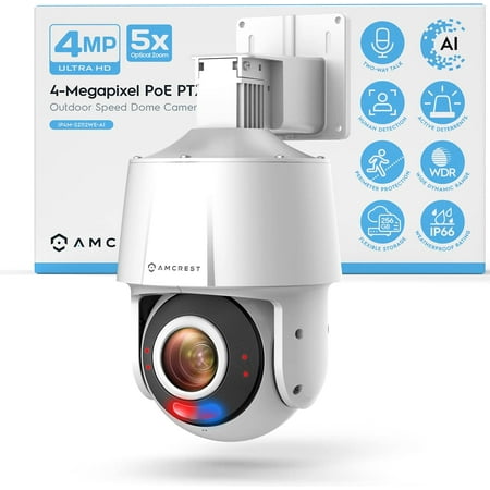 Amcrest 4MP Outdoor PTZ POE AI IP Camera Pan Tilt Zoom Security Speed Dome, 5X Motorized Optical Zoom, Human Detection, 98ft Night Vision, Tripwire & Intrusion, POE (802.3at) IP4M-S2112EW-AI
