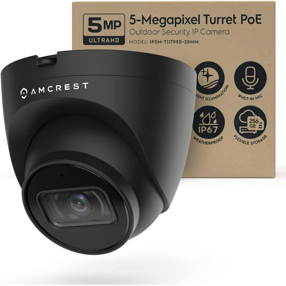 Pre-Owned Amcrest 5MP Turret POE Camera, UltraHD Outdoor IP Camera POE with Mic/Audio, 5-Megapixel Security Surveillance Cameras, 98ft NightVision, 103 FOV, MicroSD (256GB) Black IP5M-T1179EB-28MM