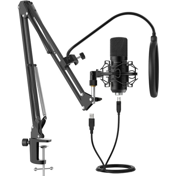 Amcrest USB Microphone for Voice Recordings, Podcasts, Gaming, Online Conferences, Live Streaming, Cardioid Microphone with Boom Arm, Pop-Filter, Shock Mount, AM430-BPS