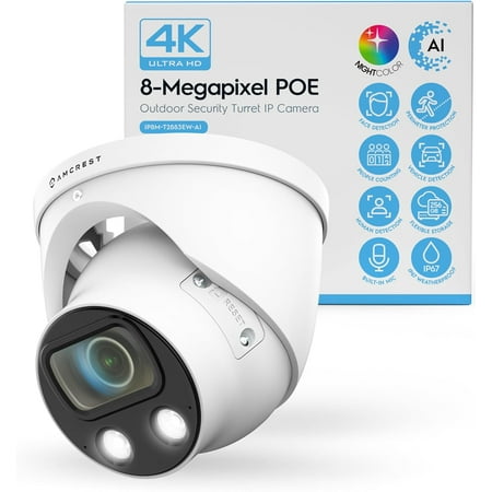 Amcrest UltraHD 4K (8MP) IP POE AI Camera, 4K @30fps, 164ft Night Color Vision, F1.0, Security Outdoor Turret Camera, Face Detection, Vehicle & Human Detection, Built in Microphone, IP8M-T2883EW-AI