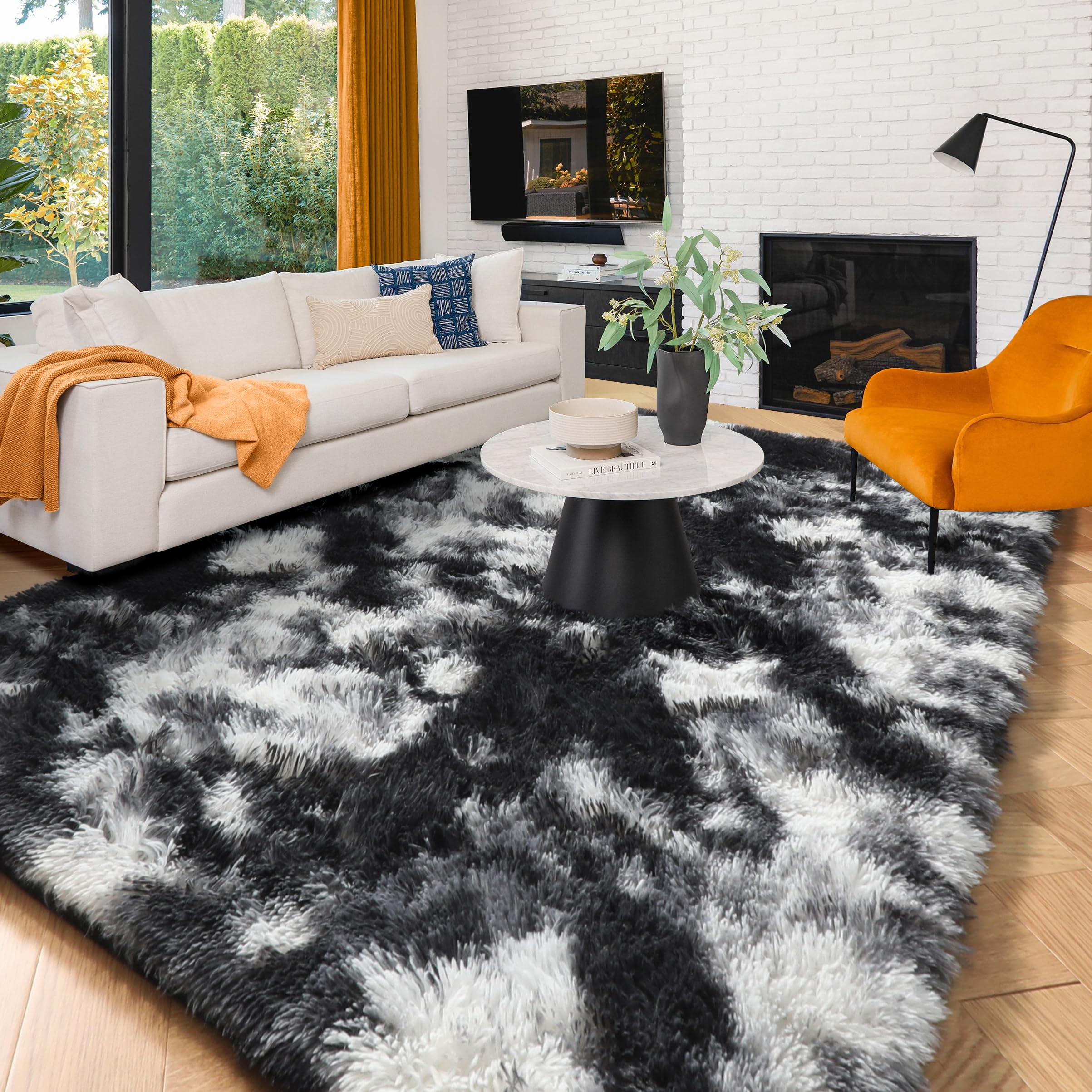 Amdrebio Black White Grey Cool Area Rugs for Living Room, Fluffy Modern