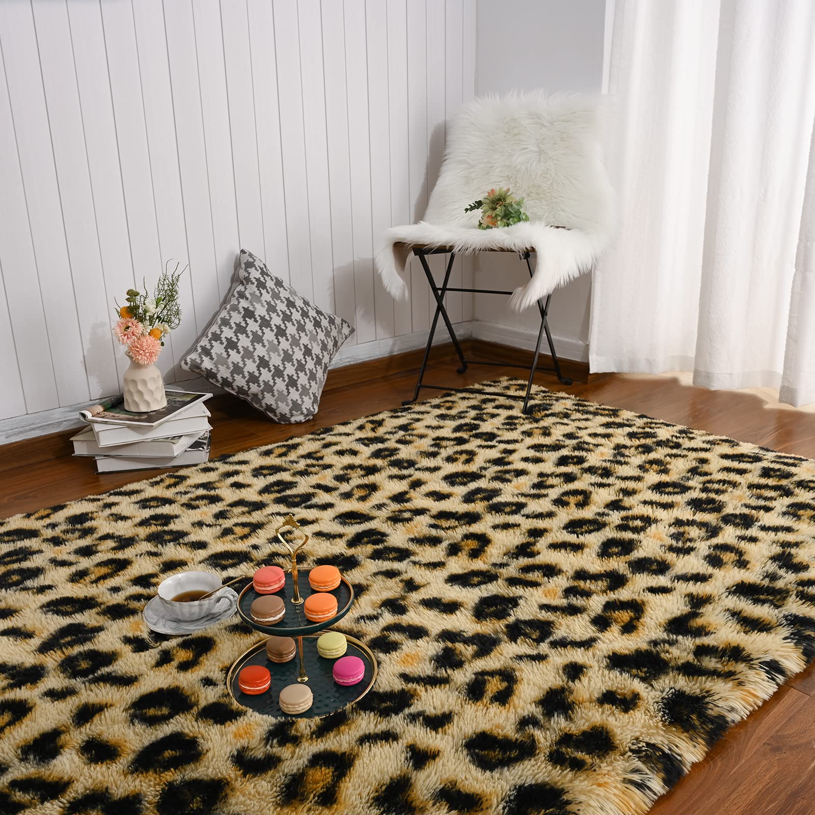 Amearea Fluffy Leopard Rug, Premium Cheetah Print Rugs, Soft Comfy Faux