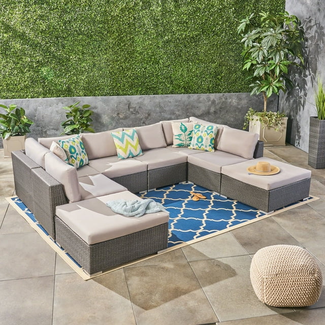 Ameer Outdoor 8 Piece Wicker Sectional Set With Cushions, Grey, Silver