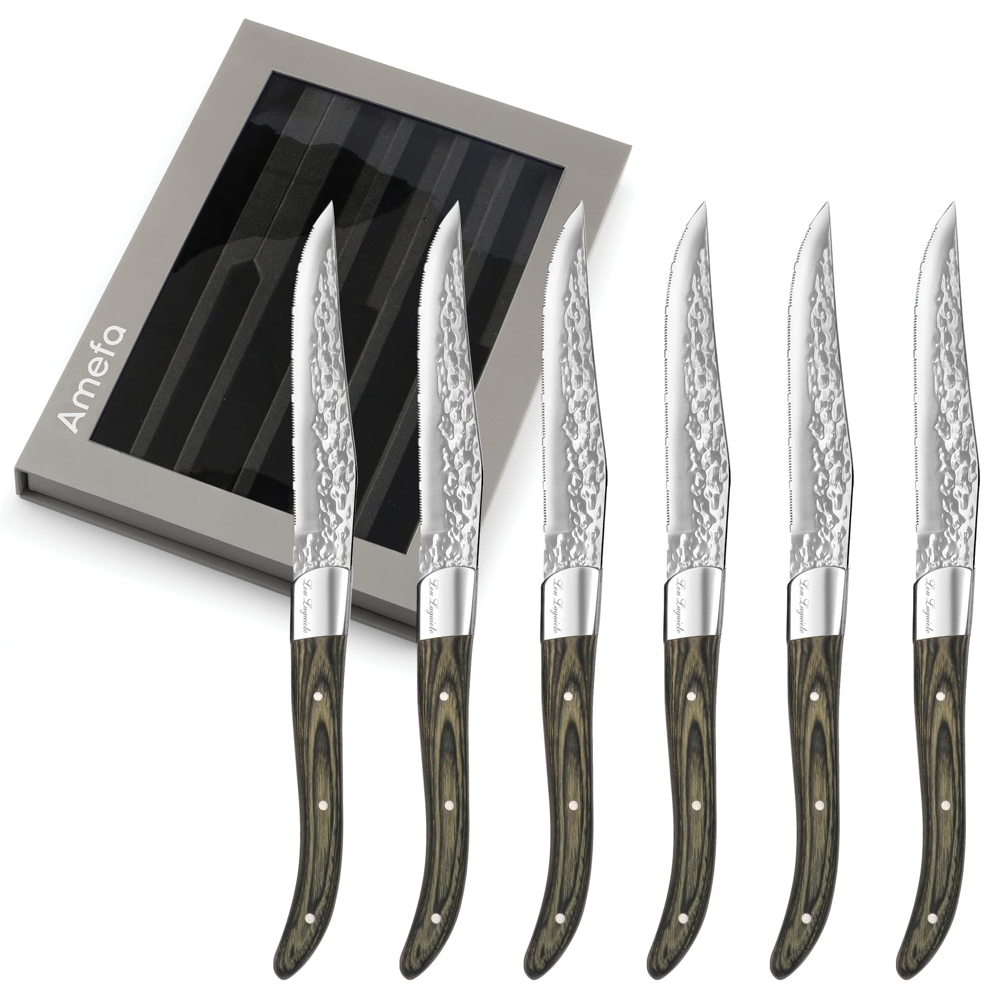 Amefa Lou Laguiole Vulcano Steak Knives, Set of 6, Hardened Hammered Stainless Steel, Triple Rivet Pakka Wood Ergonomic Handle, Serrated Edge 4 Inch