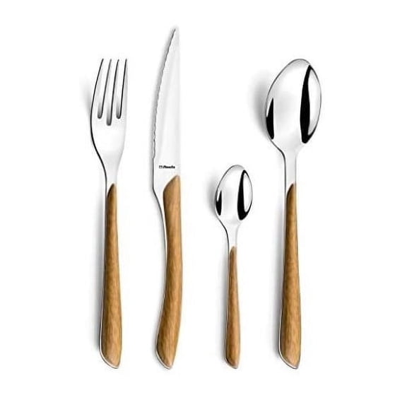 Amefa Wood Handle Flatware Set 18/0 Stainless Steel 24 Piece Service for 6 Light Wood