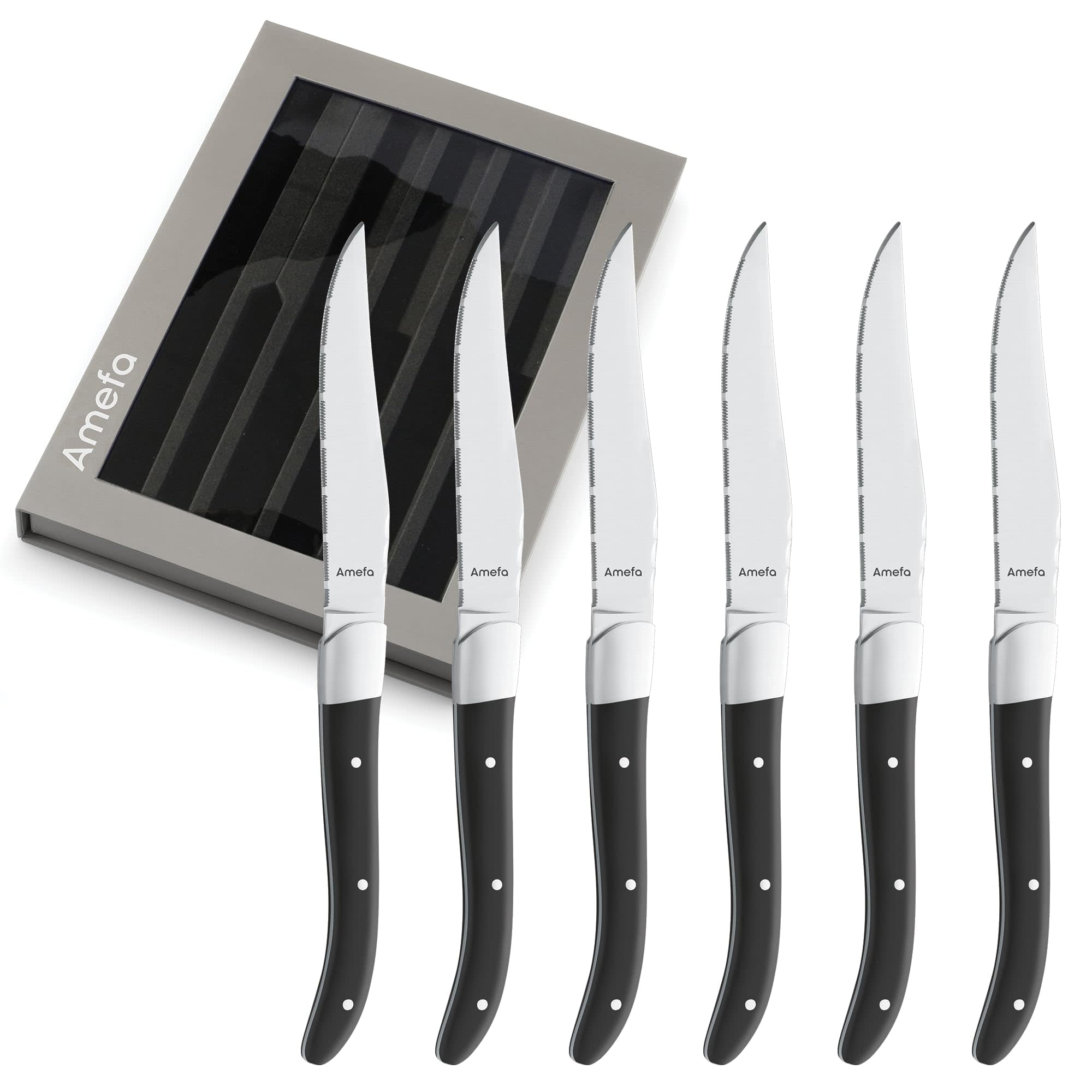 Amefa Royal Steak Knives, Set of 6, Premium Hardened Stainless Steel, Triple Rivet Black Ergonomic Handle Design, Serrated Edge 4" Blade Steak Knife