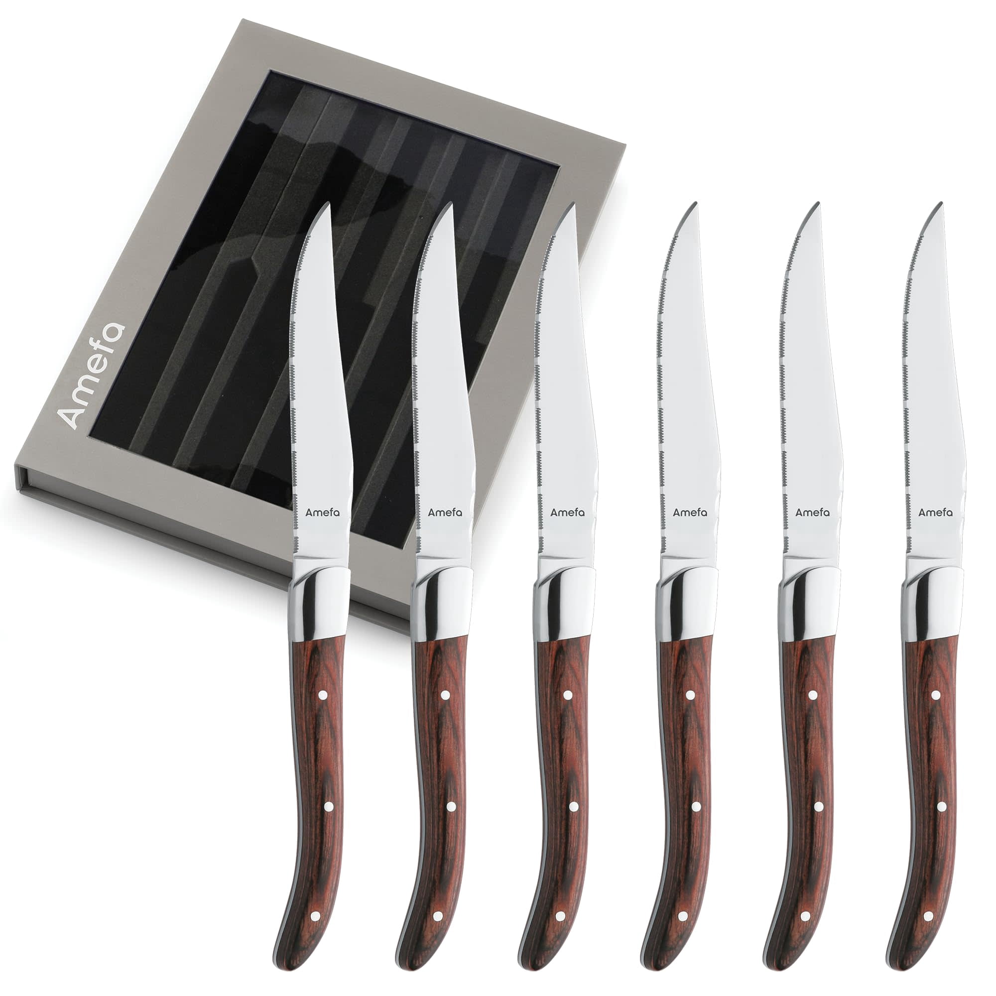 Amefa Royal Steak Knives, Set of 6, Natural Wood Handle, Silver