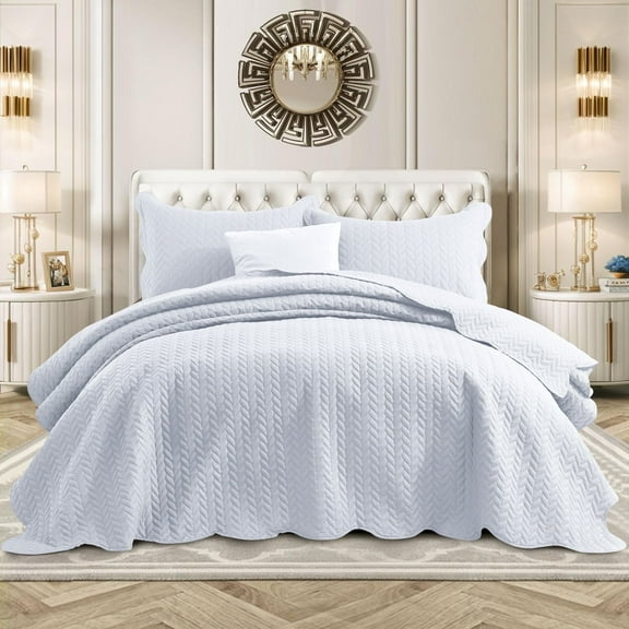 Ameha 2 Piece Quilt Set Chevron Lightweight Ultrasoft Microfiber Kids Adult Bedding White Color Twin