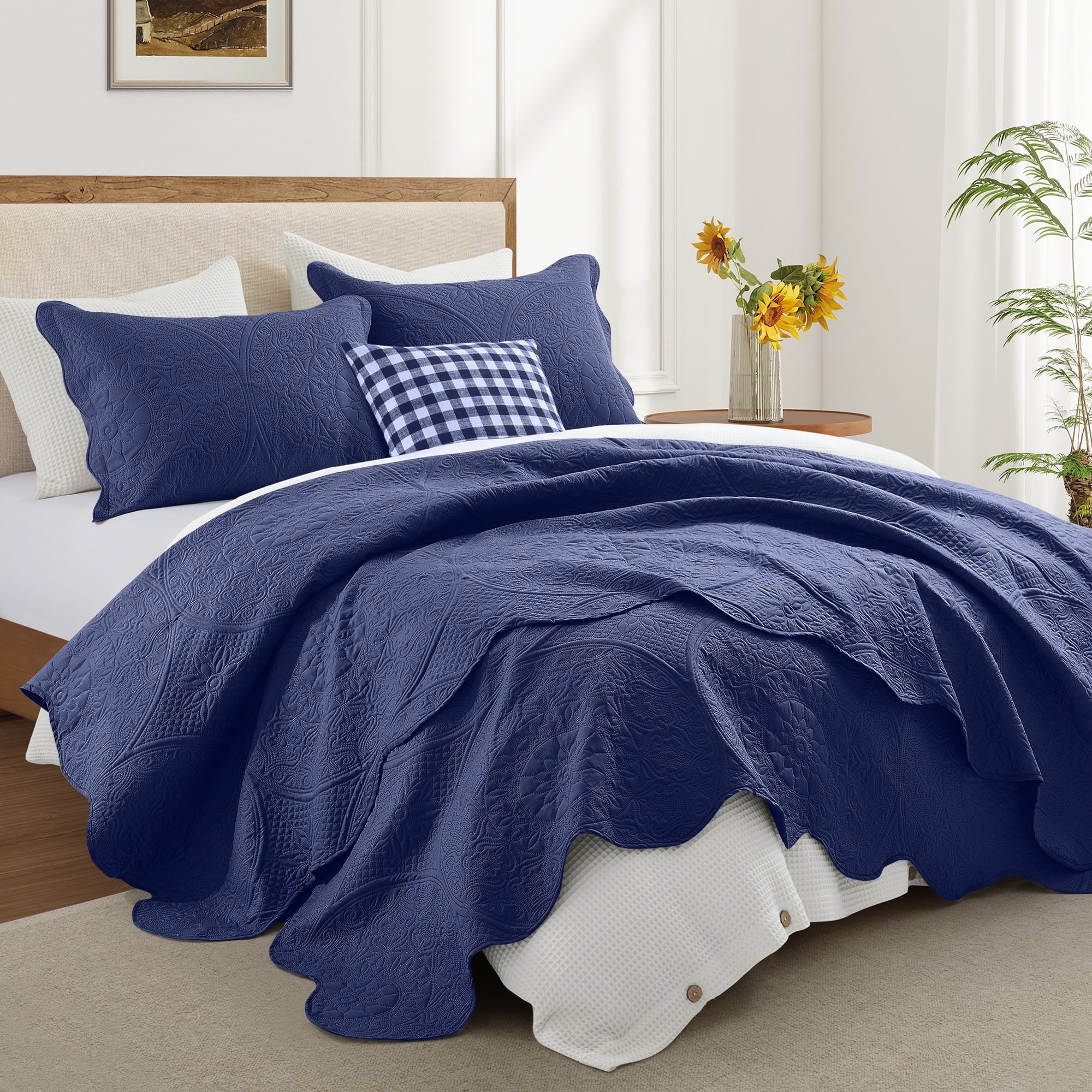 Ameha 2 Piece Quilt Set Lightweight Embossed Floral Bedspread Soft Microfiber Coverlet Twin Navy