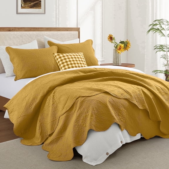 Ameha 2 Piece Quilt Set Lightweight Embossed Floral Bedspread Soft Microfiber Coverlet Twin Ochre
