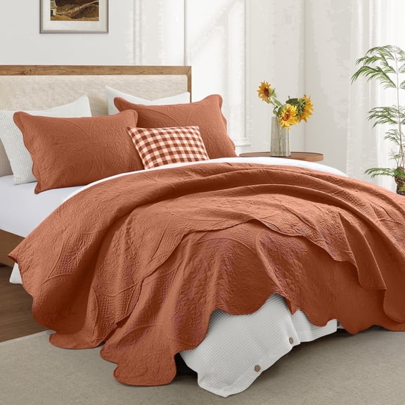 Ameha 2 Piece Quilt Set Lightweight Embossed Floral Bedspread Soft Microfiber Coverlet Twin Rust