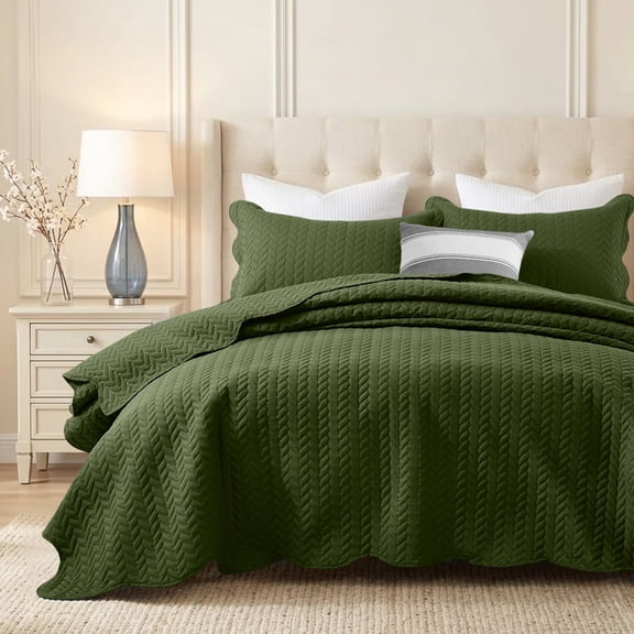 Ameha 2-Piece Quilt Set Lightweight Leaf Embossed Microfiber Bedspread and Coverlet Bedding Set Olive Green Twin
