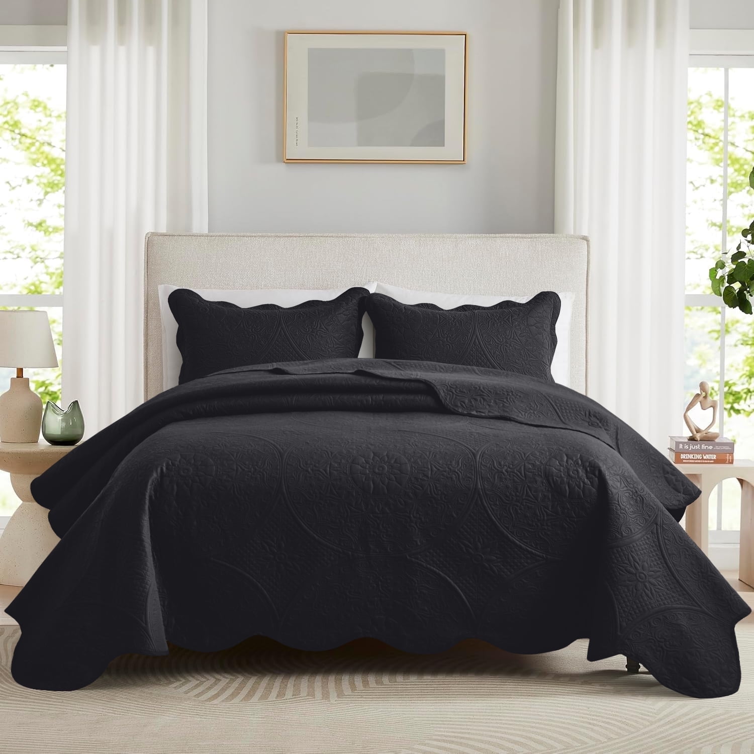 Ameha 2 Piece Reversible Quilt Set Ultra Soft Floral Coverlet Microfiber Bedding Set Twin Black All Season