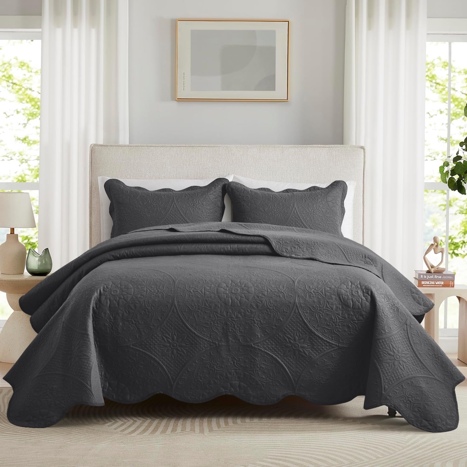Ameha 2 Piece Reversible Quilt Set Ultra Soft Floral Coverlet Microfiber Bedding Set Twin Charcoal All Season