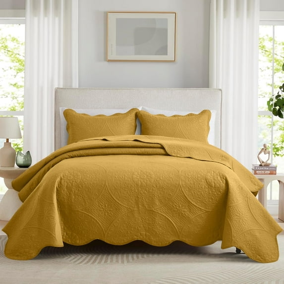 Ameha 2 Piece Reversible Quilt Set Ultra Soft Floral Coverlet Microfiber Bedding Set Twin Ochre All Season