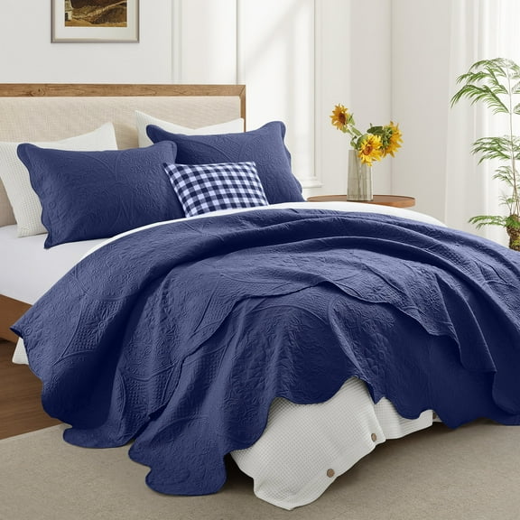 Ameha 3-Piece Coverlet Set Modern Floral Embossed Quilt Soft Microfiber Bedspread King Navy Blue