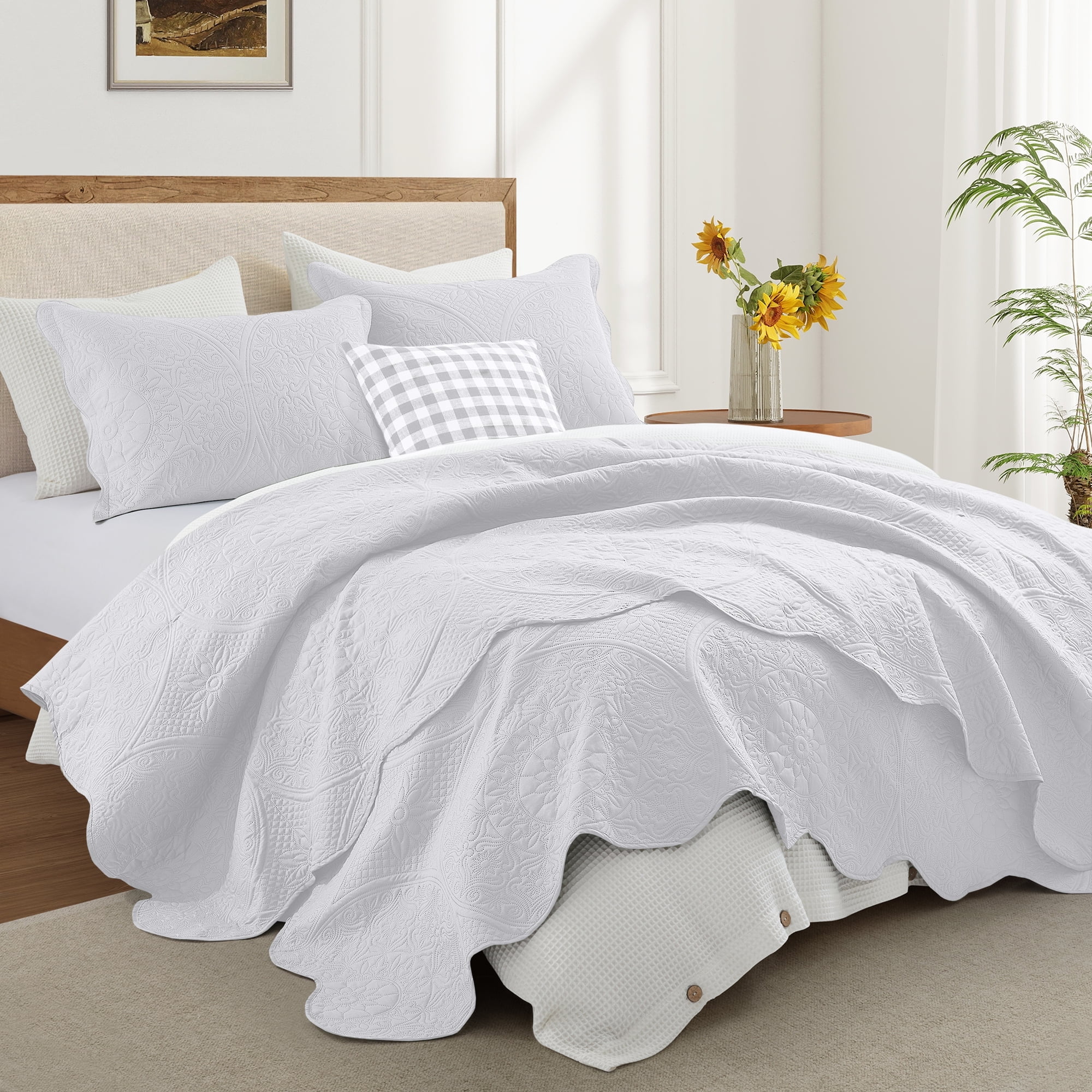 Ameha 3 Piece Quilted Bedspread Set Lightweight Embossed Floral Microfiber Coverlet Queen Size White