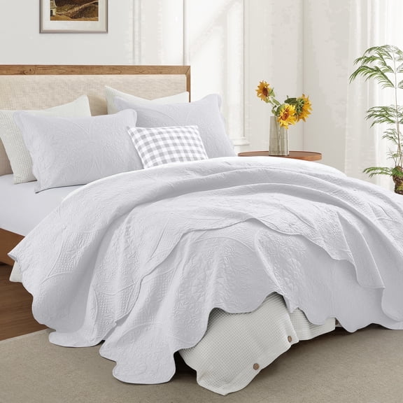 Ameha 3-Piece Bedspread Washable Coverlet Set Modern Floral Embossed Quilt Soft Microfiber Adult King White