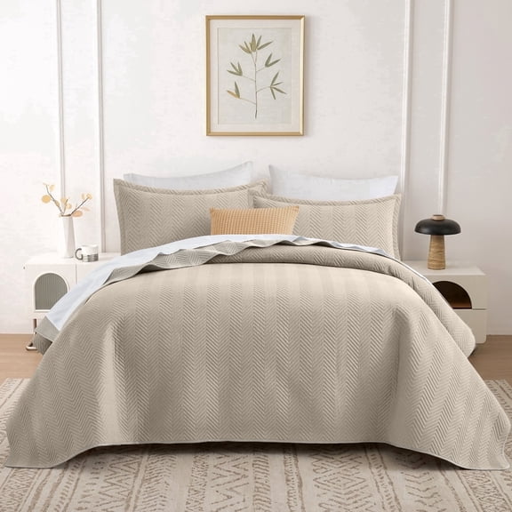Ameha 3-Piece Linen Bedspread Set Ultrasonic Chevron Pattern Lightweight Coverlet Beige King