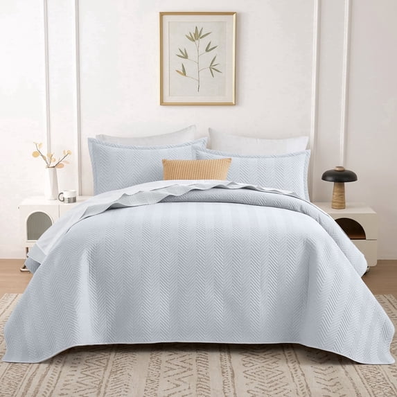 Ameha 3-Piece Linen Bedspread Set Ultrasonic Chevron Pattern Lightweight Coverlet White King