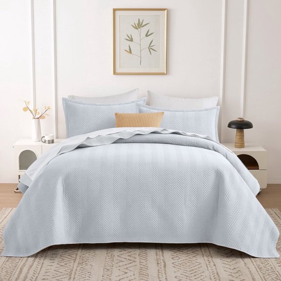 Ameha 3-Piece Linen Bedspread Set, King Quilt Ultrasonic Zig-Zag Pattern Lightweight Coverlet White
