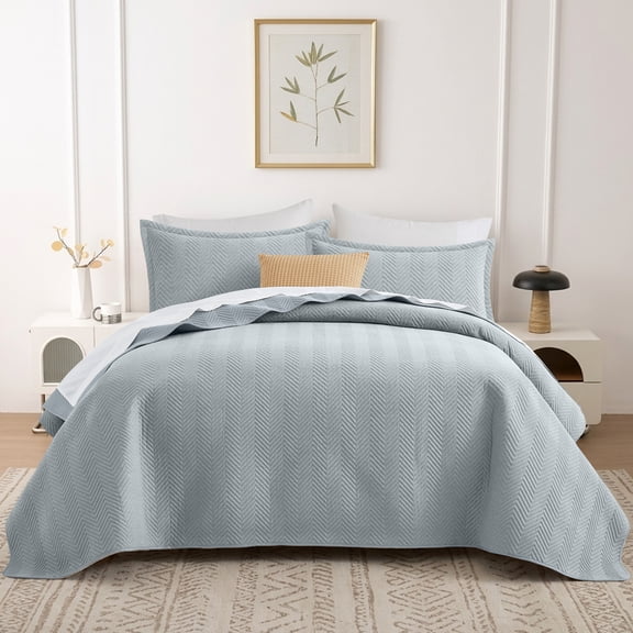 Ameha 3-Piece Linen Quilt Set, Queen Bedspread Ultrasonic Zig-Zag Lightweight Coverlet Grey