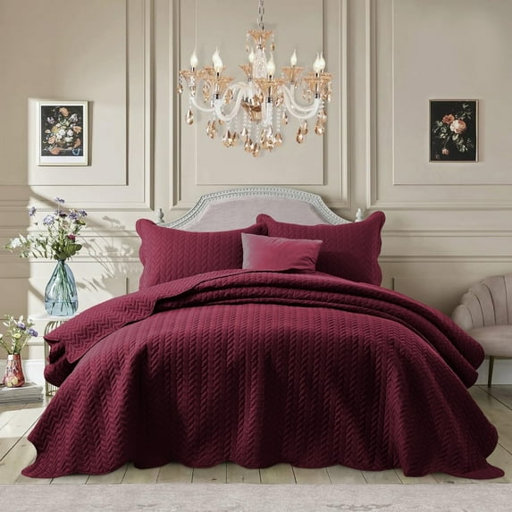 Ameha 3 Piece Quilt Set Chevron Bedspread Reversible Ultrasoft Microfiber Adult Bedding Burgundy Color Queen