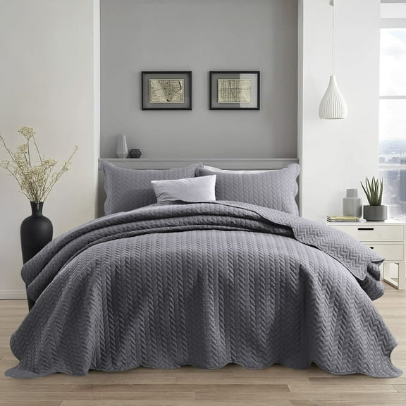 Ameha 3 Piece Quilt Set Chevron Bedspread Reversible Ultrasoft Microfiber Adult Bedding Gray Color Queen