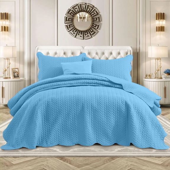 Ameha 3 Piece Quilt Set Chevron Bedspread Reversible Ultrasoft Microfiber Adult Bedding Light Blue Color Queen