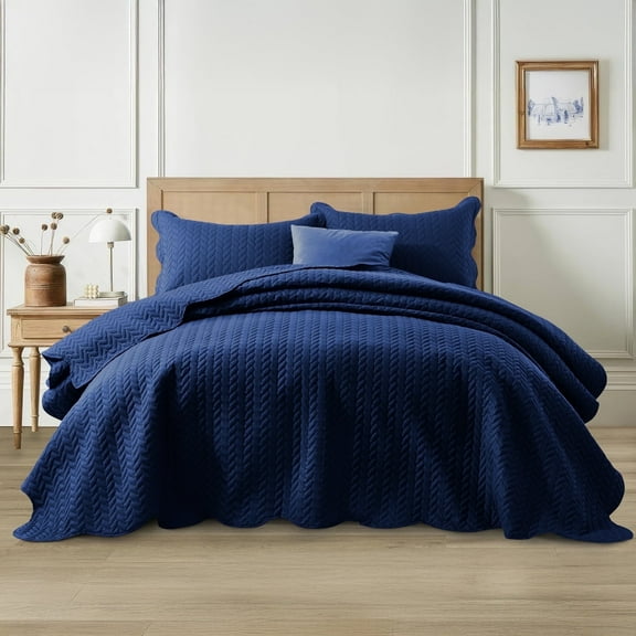 Ameha 3 Piece Quilt Set Chevron Bedspread Reversible Ultrasoft Microfiber Adult Bedding Navy Blue Color Queen
