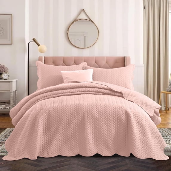 Ameha 3 Piece Quilt Set Chevron Bedspread Reversible Ultrasoft Microfiber Adult Bedding Peach Color Queen