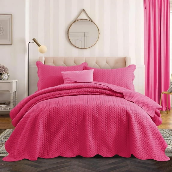 Ameha 3 Piece Quilt Set Chevron Bedspread Reversible Ultrasoft Microfiber Adult Bedding Pink Color Queen