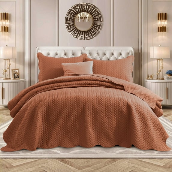 Ameha 3 Piece Quilt Set Chevron Bedspread Reversible Ultrasoft Microfiber Adult Bedding Rust Color Queen