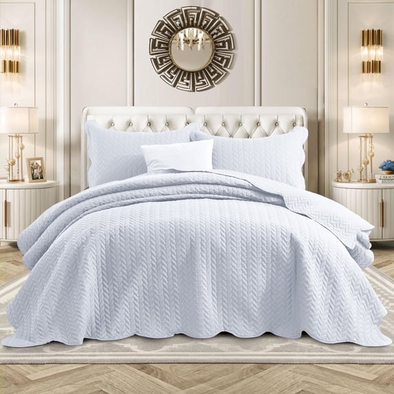 Ameha 3 Piece Quilt Set Chevron Bedspread Comfortable Reversible Ultrasoft Microfiber Adult Bedding with 2 Shams White Color Queen — Full/Queen
