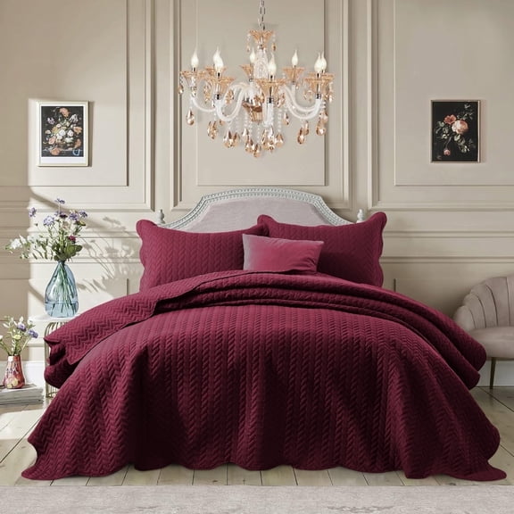 Ameha 3 Piece Quilt Set Chevron Embossed Bedspread Reversible Ultrasoft Microfiber Adult Bedding Burgundy California King