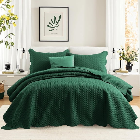 Ameha 3 Piece Quilt Set Chevron Embossed Bedspread Reversible Ultrasoft Microfiber Adult Bedding Emerald Green California King