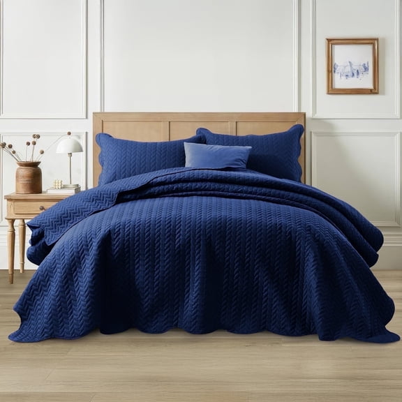 Ameha 3 Piece Quilt Set Chevron Embossed Bedspread Reversible Ultrasoft Microfiber Adult Bedding Navy Blue California King