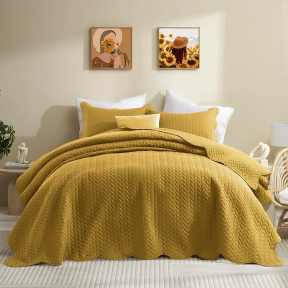 Ameha 3 Piece Quilt Set Chevron Embossed Bedspread Reversible Ultrasoft Microfiber Adult Bedding Ochre Color King