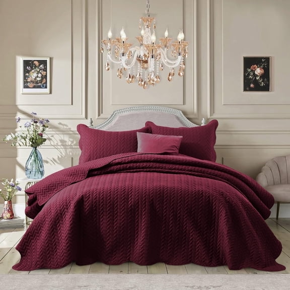 Ameha 3 Piece Quilt Set Chevron Embossed Bedspread Reversible Ultrasoft Microfiber Adult Bedding Burgundy Color King