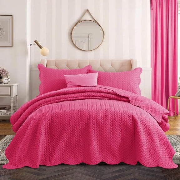 Ameha 3 Piece Quilt Set Chevron Embossed Bedspread Reversible Ultrasoft Microfiber Adult Bedding Pink Color King