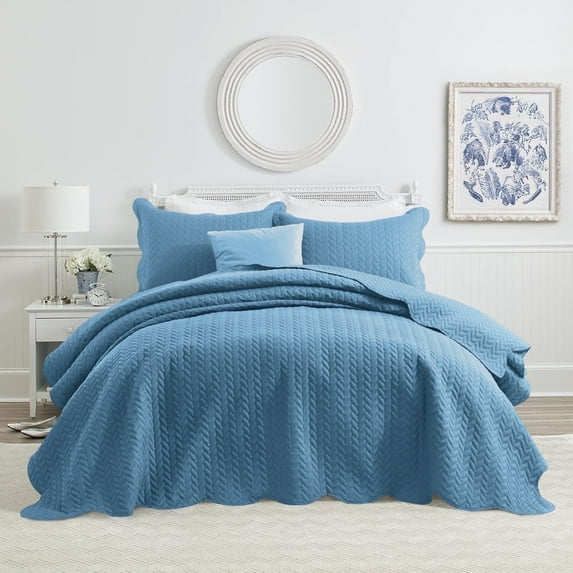 Ameha 3 Piece Quilt Set Chevron Embossed Bedspread Reversible Ultrasoft Microfiber Adult Bedding Washed Blue Color King