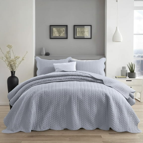 Ameha 3 Piece Quilt Set Chevron Embossed Bedspread Reversible Ultrasoft Microfiber Adult Bedding Silver Color King
