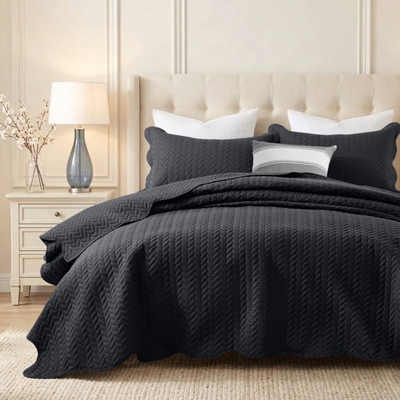 Ameha 3-Piece Quilt Set Lightweight Leaf Embossed Microfiber Bedspread and Coverlet Bedding Set Black Queen