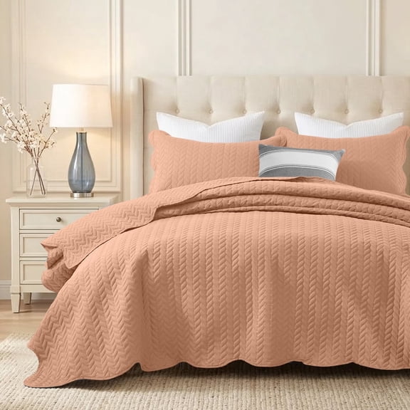Ameha 3-Piece Quilt Set Lightweight Leaf Embossed Microfiber Bedspread and Coverlet Bedding Set Peach King