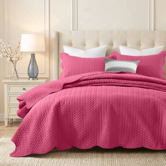 Ameha 3-Piece Quilt Set Lightweight Leaf Embossed Microfiber Bedspread and Coverlet Bedding Set Pink King