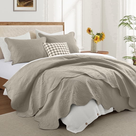 Ameha 3-Piece Quilt Bedspread Set Lightweight Embossed Floral Microfiber Coverlet Adult Queen Size Beige