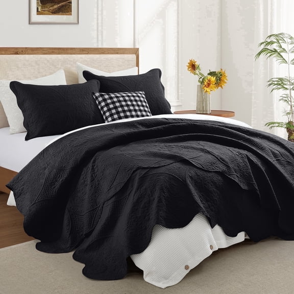 Ameha 3-Piece Quilt Bedspread Set Lightweight Embossed Floral Microfiber Coverlet Adult Queen Size Black