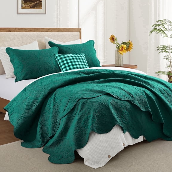 Ameha 3-Piece Quilt Bedspread Set Lightweight Embossed Floral Microfiber Coverlet Adult Queen Size Emerald Green