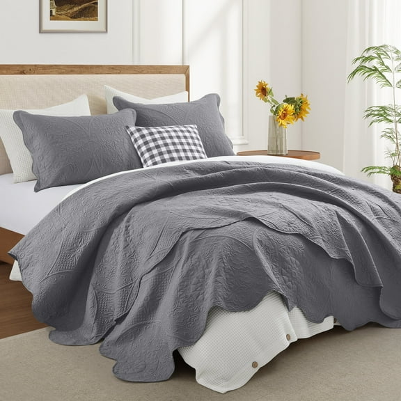 Ameha 3-Piece Quilt Bedspread Set Lightweight Embossed Floral Microfiber Coverlet Adult Queen Size Gray